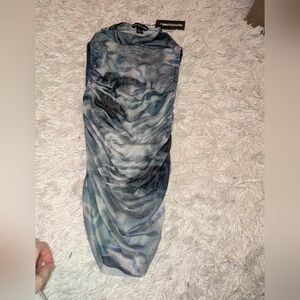 Nwt Blue Multi Printed Mesh Ruched Sides High Neck Long Top in US size 4.